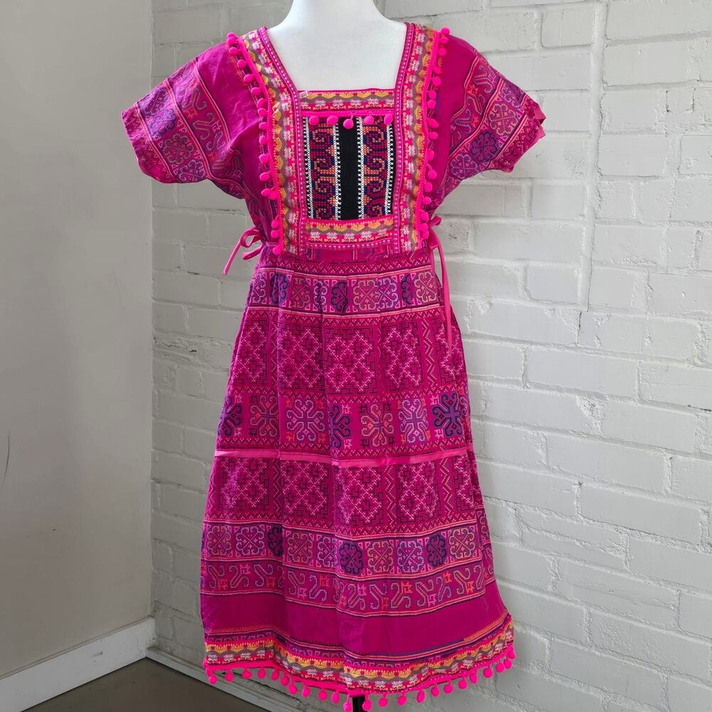 Vibrant Pink Handcrafted Embroidered Dress┃Folk Bohemian Artisinal Art To Wear